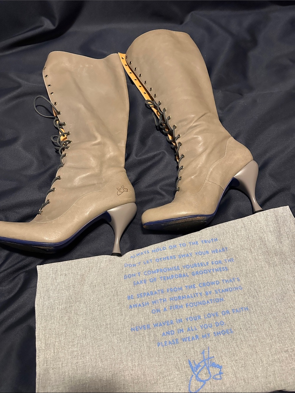 Fluevog Lace-Up Knee-High leather Heeled Boots in Taupe